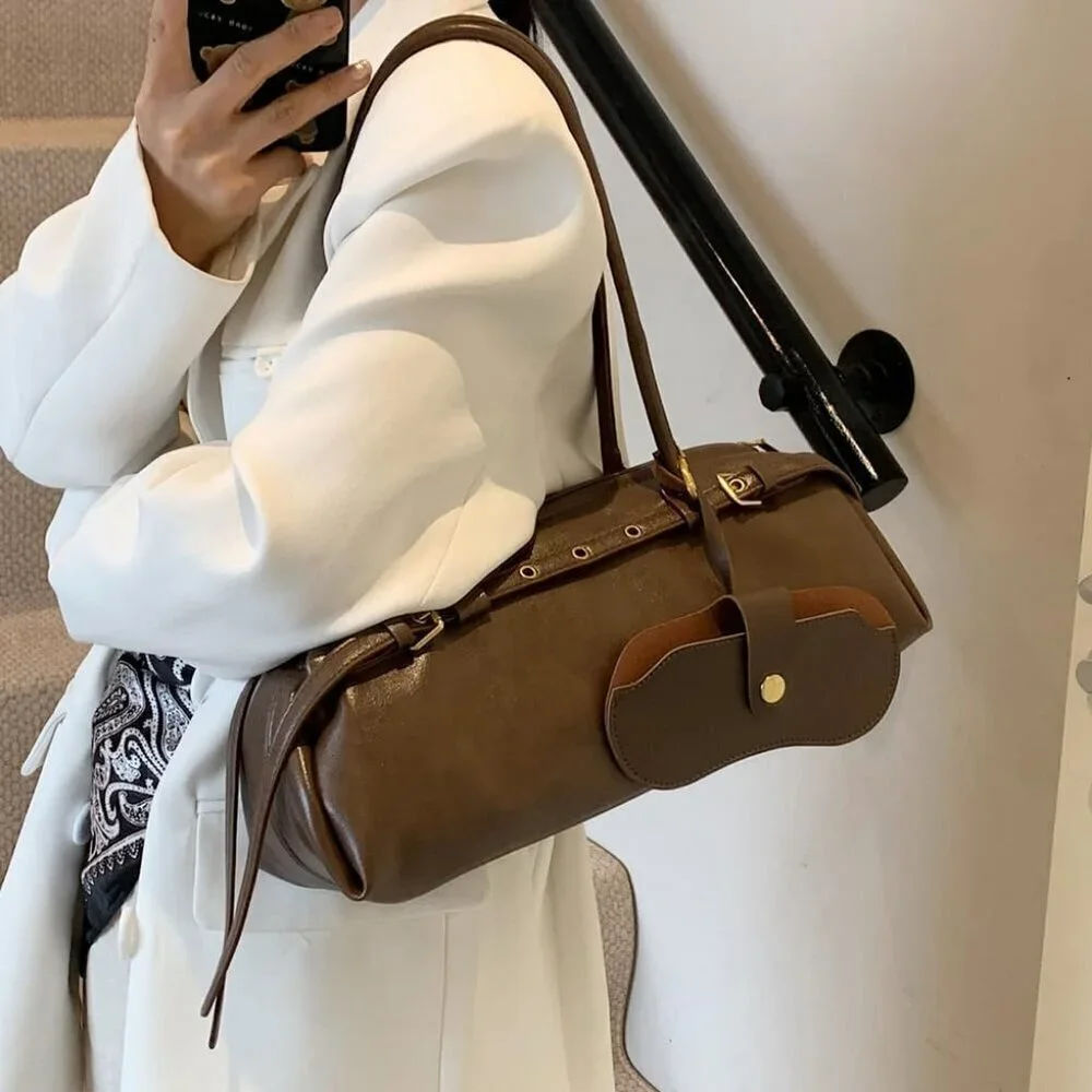 Wome'ns Brown PU Leather Tote Bag Casual Bowling Bag Purse Retro Underarm